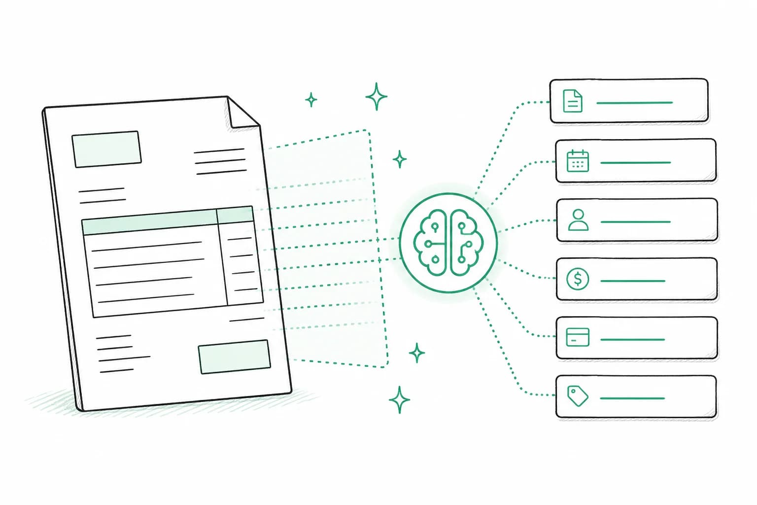 AI extracting vendor, amount, date, and line items from an invoice automatically