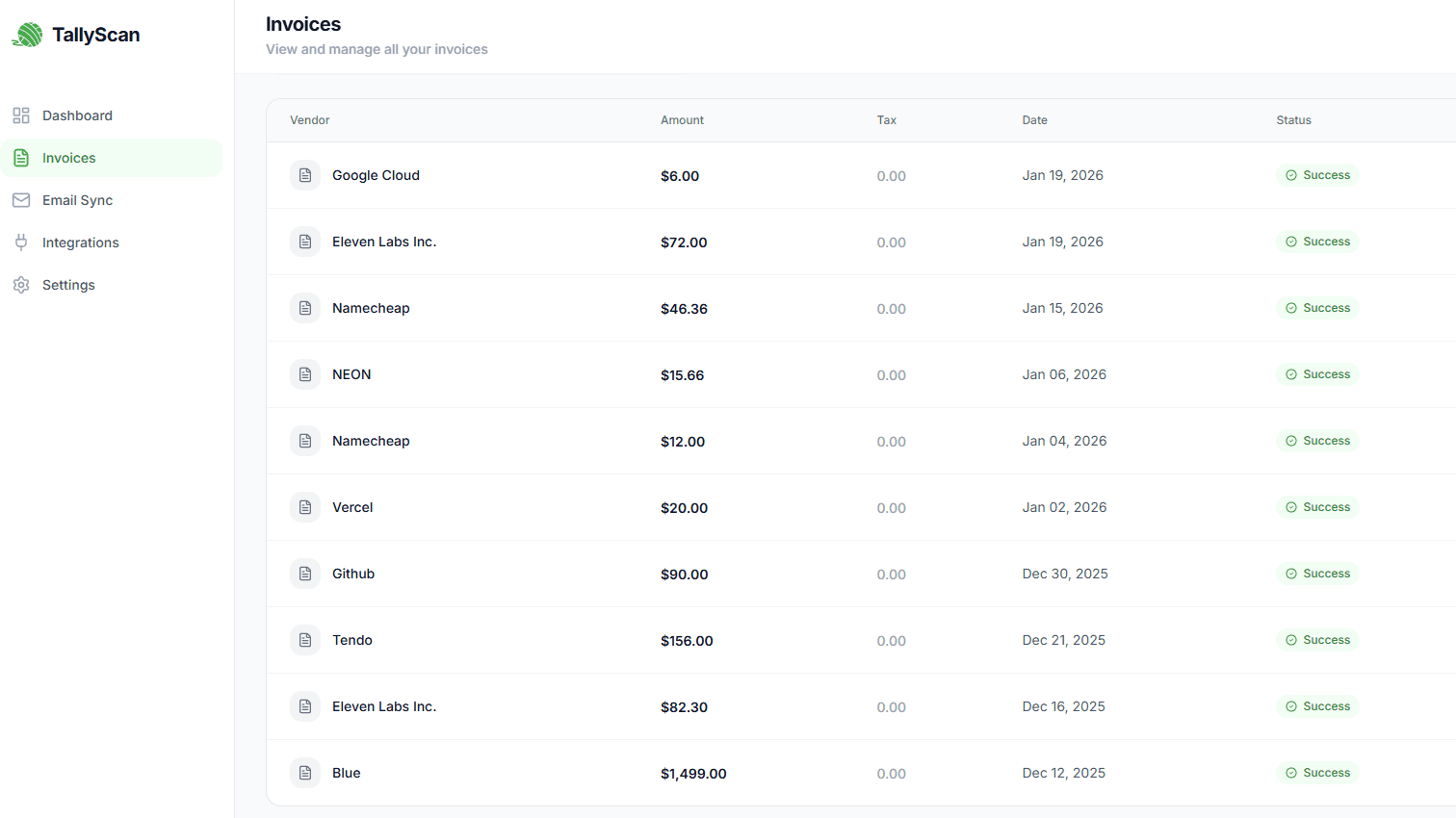 TallyScan AI dashboard showing automatic invoice data extraction and sync to Notion, Google Sheets, QuickBooks and Xero